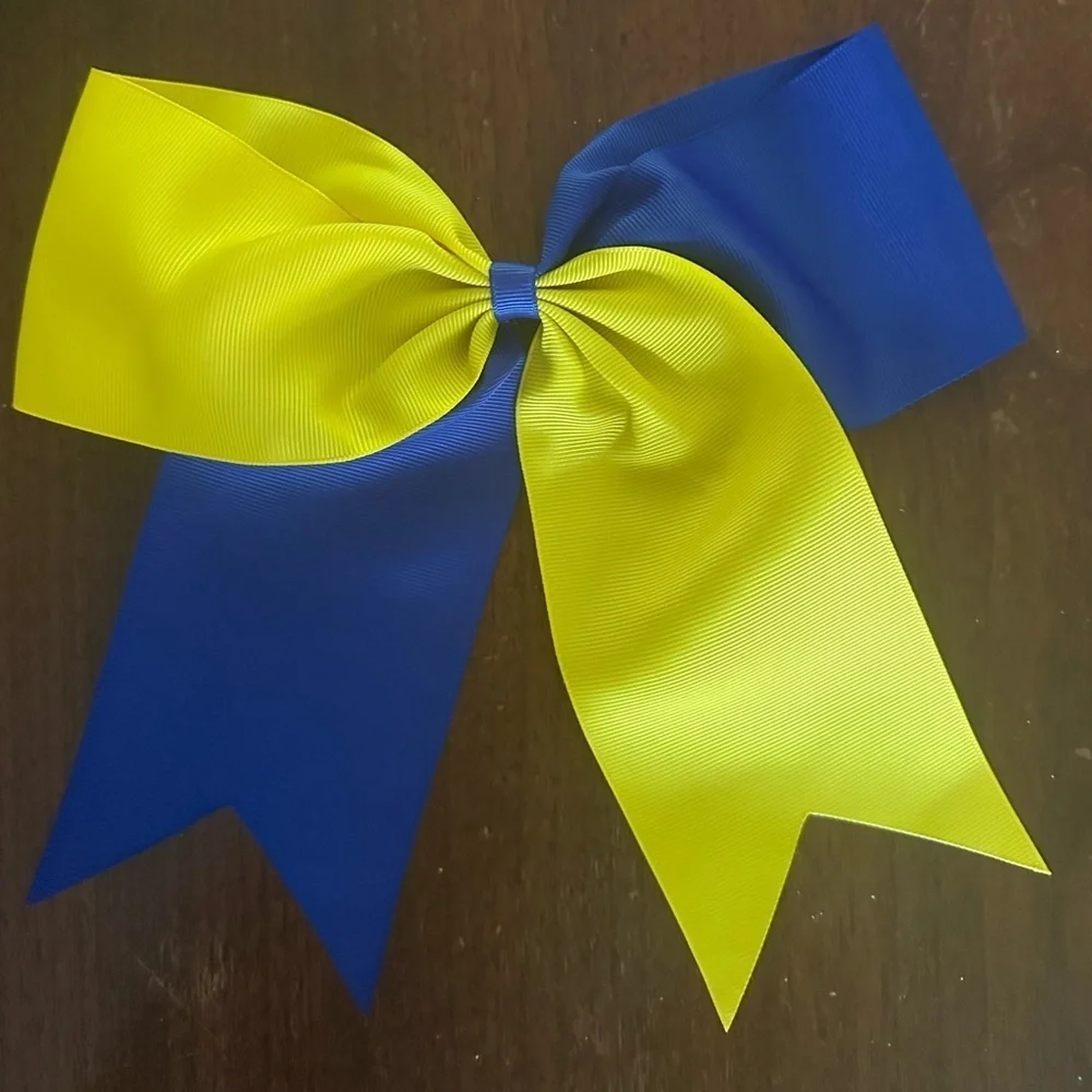 Cheer Bow Large Blue Gold Yellow Rubber Band Spirit Bow